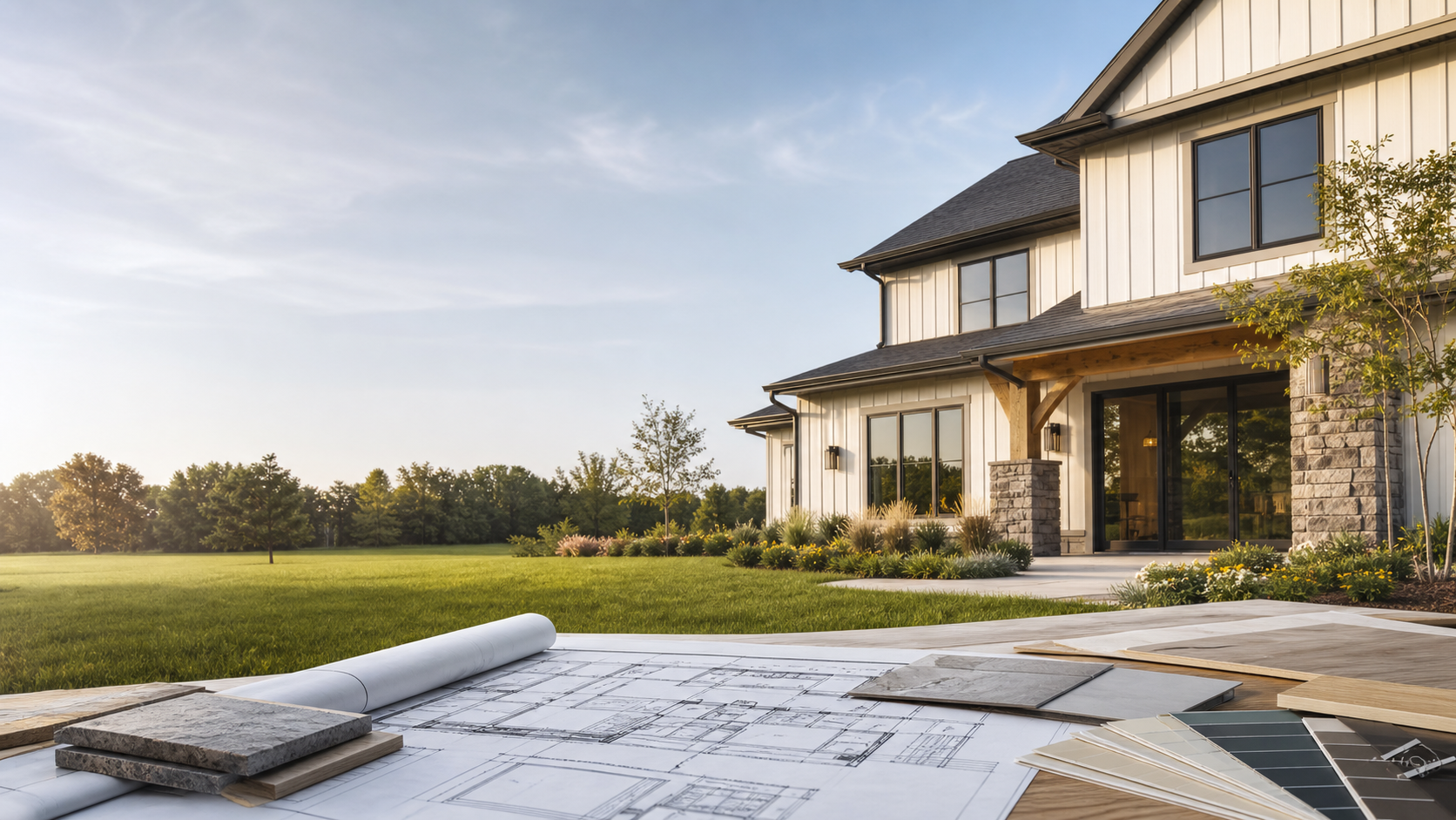 Modern home design with blueprint and construction material samples